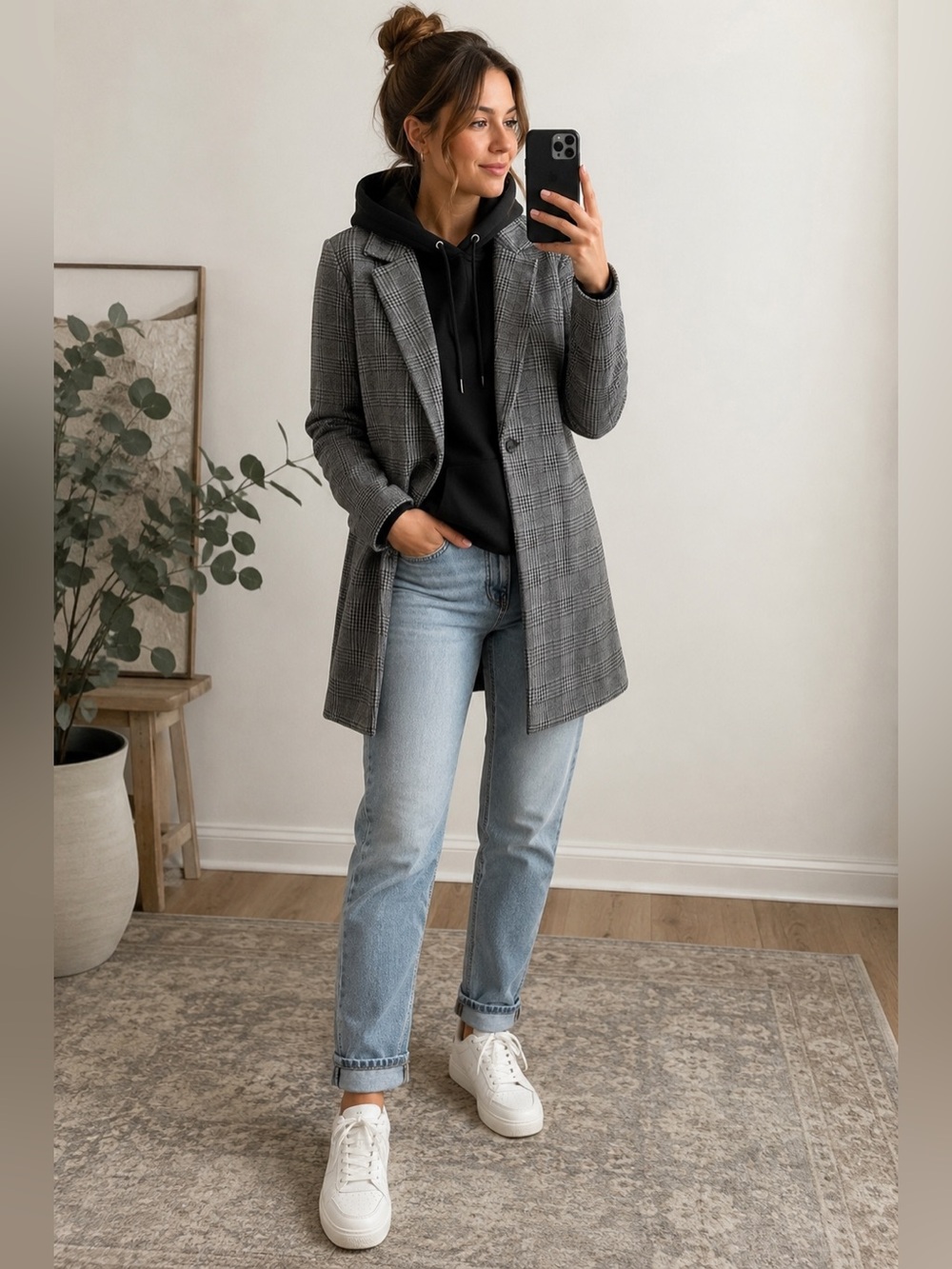 Carly Jean Los Angeles Gray Plaid Knit Blazer Jacket Longline One Button Medium